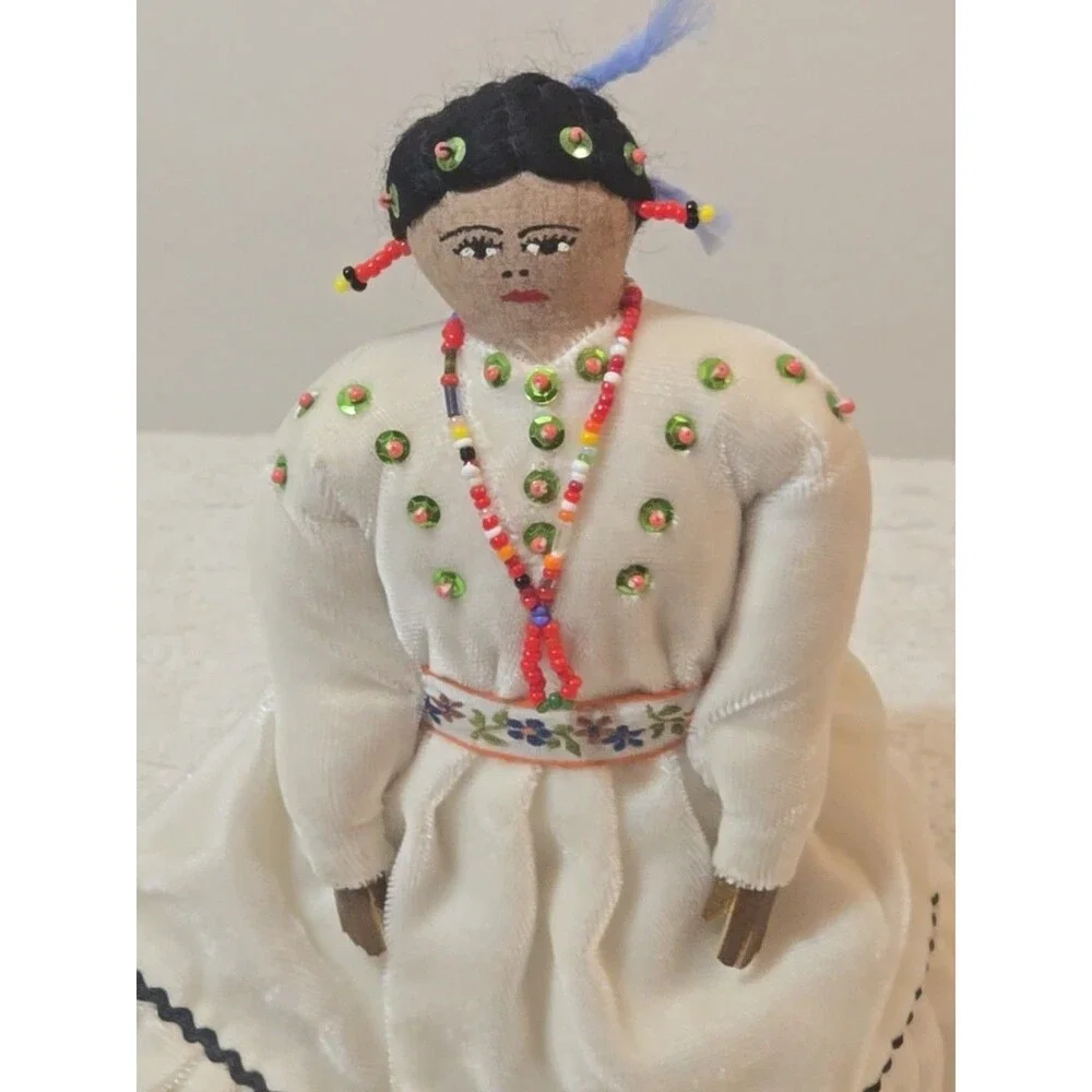 NAVAJO NATIVE DRESS, PAINTED FACE RAG DOLL 10 INCH TALL. COLORFUL BEADS, SEQUINS
